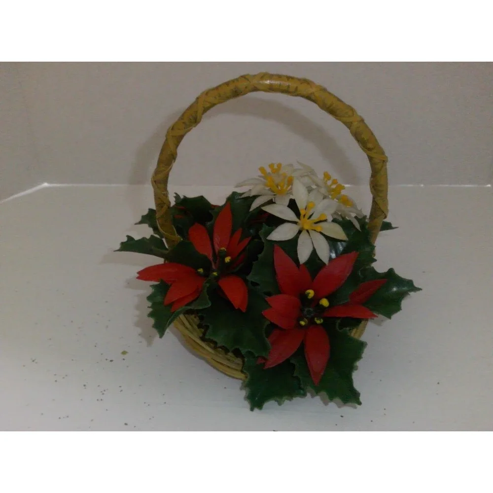 Vintage 1960s Poinsettias Arrangement in Wicker Basket Plastic 8 inch